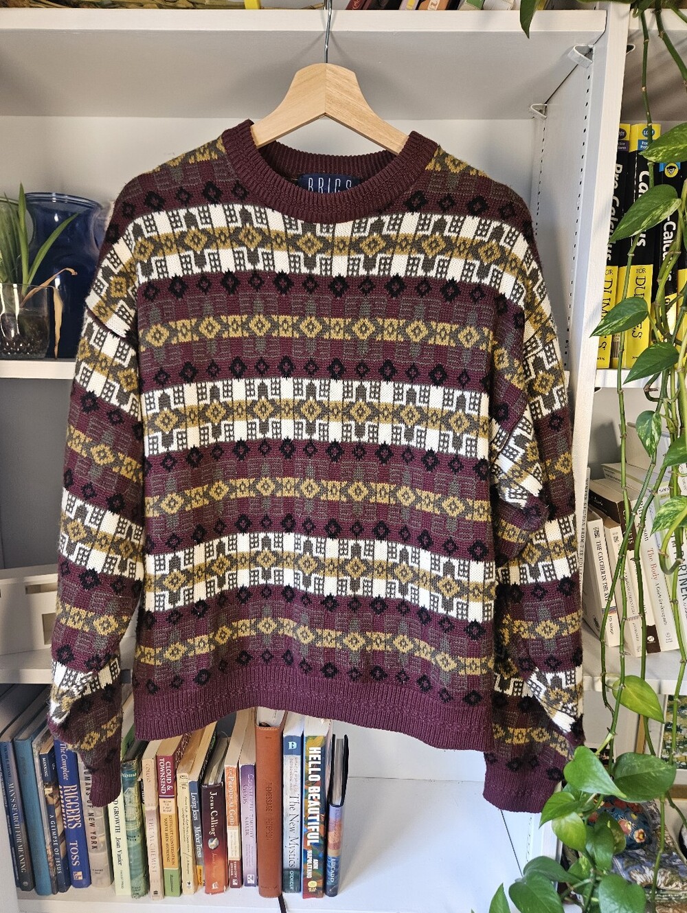 Vintage Men’s Burgundy Patterned Crewneck Sweater Cotton Blend Medium Fair Isle